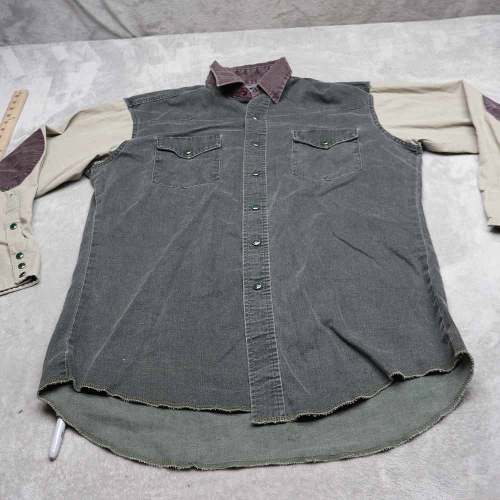 Wrangler Shirt Men Medium 15.5 33 Gray Western Corduroy Elbow Patch Workwear VTG